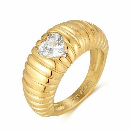 Bagues | Bague en Acier Poli Couleur Or, Coeur, Pierre Blanche Blanc – Femmes Bagues Bagues