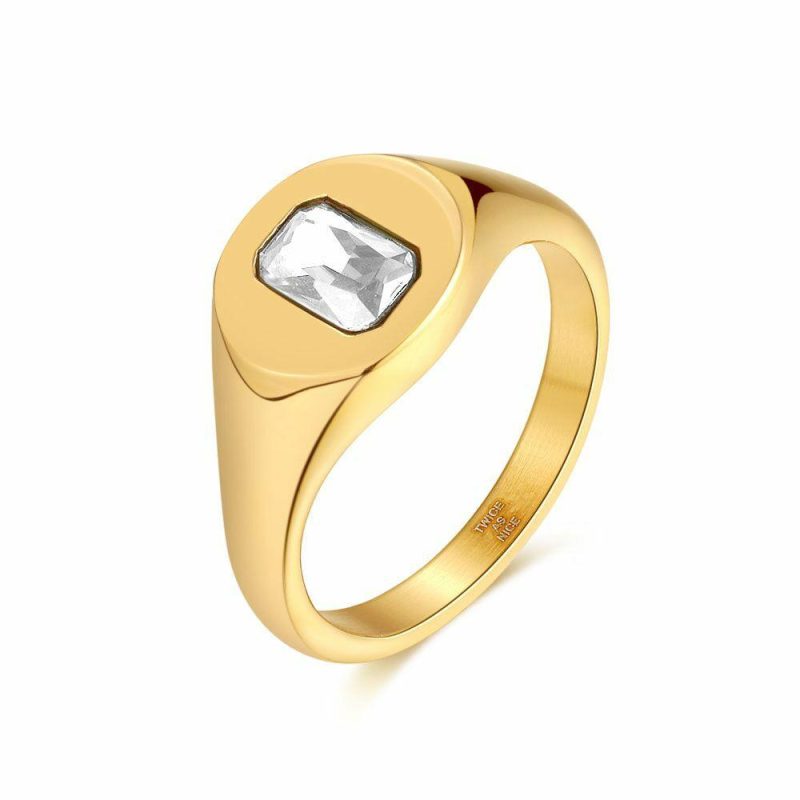 Bagues | Bague en Acier Poli Couleur Or, Rectangle Blanc Blanc – Femmes Bagues Bagues