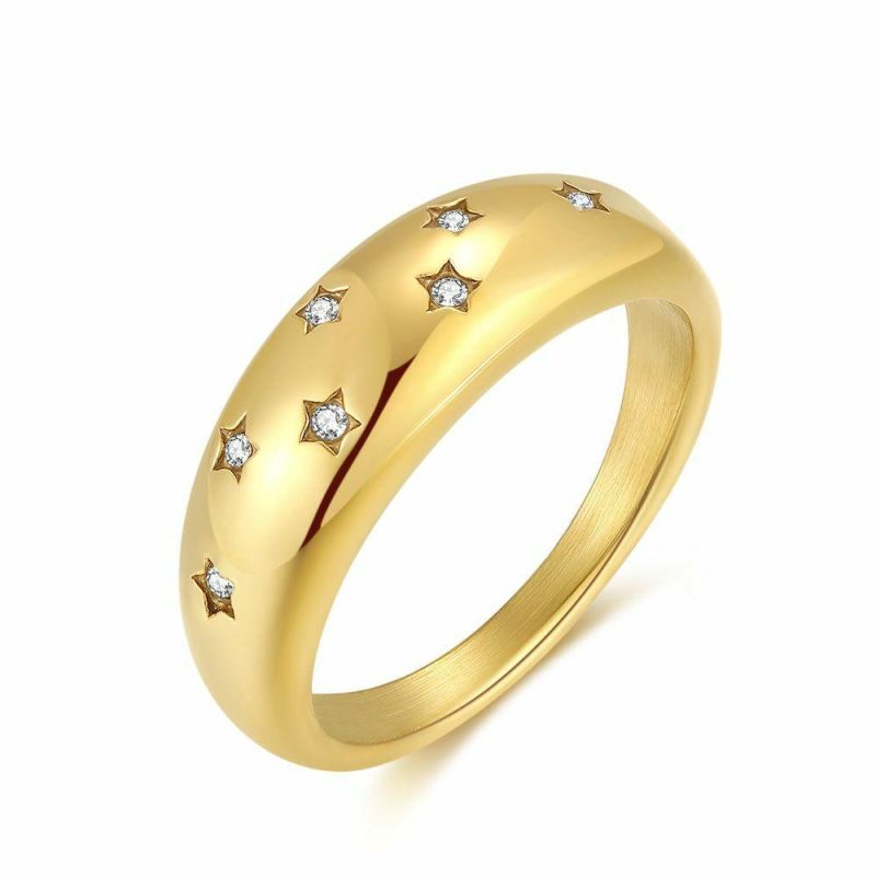 Bagues | Bague en Acier Poli Doré , Forme Ronde, Étoiles en Cristal. Goudkleur – Femmes Bagues Bagues