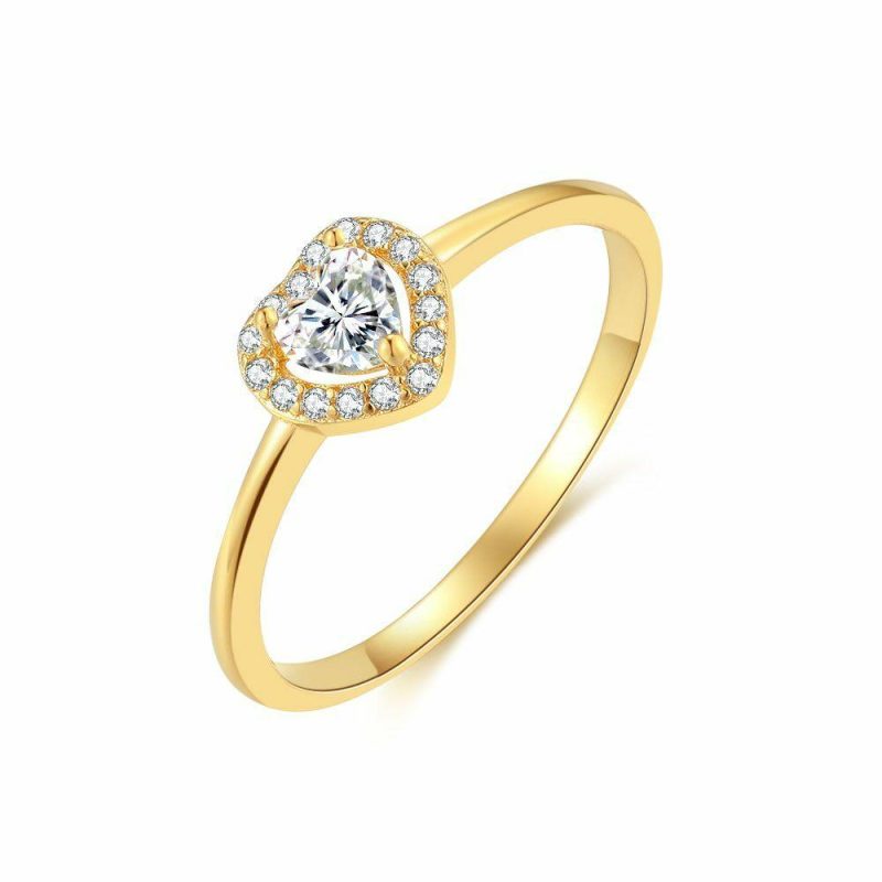 Bagues | Bague en Argent Plaqué Or 18 Ct, Coeur, Pierres Blanc – Femmes Bagues Bagues