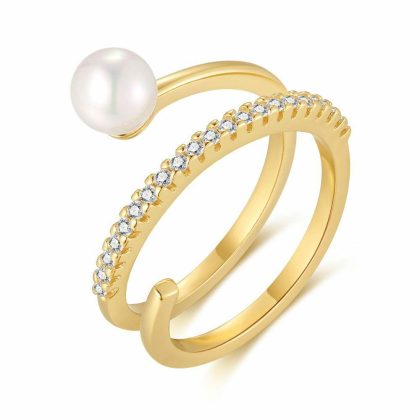 Bagues | Bague en Argent Plaqué Or 18Ct, Perle et Pierres Blanc – Femmes Bagues Bagues