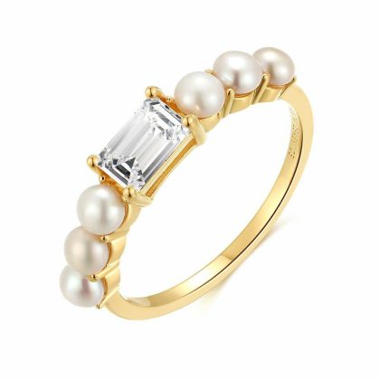 Bagues | Bague en Argent Plaqué Or 18Ct, Pierre et 6 Perles Blanc – Femmes Bagues Bagues