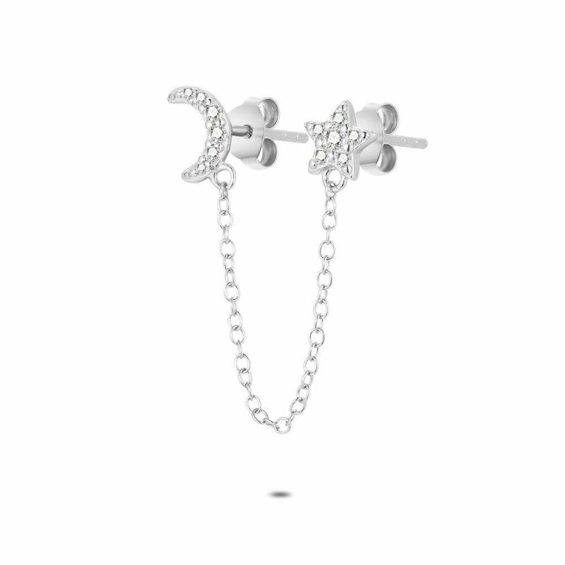 Boucles D’oreilles | Boucle Par Pièce en Argent, Lune et Étoile Blanc – Femmes Bijoux Blanc