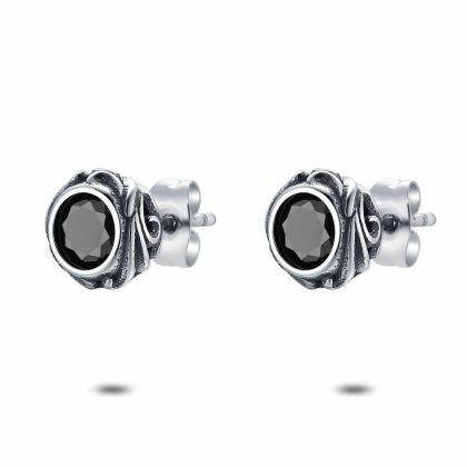 Boucles D’oreilles | Boucles D’Oreilles en Acier Poli, 1 Zircone Noir Avec Boucles Noir – Hommes Bijoux Boucles D'oreilles