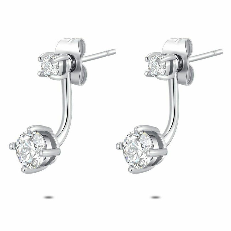 Boucles D’oreilles | Boucles D’Oreilles en Acier Poli, 2 Pierres Blanc – Femmes Bijoux Blanc