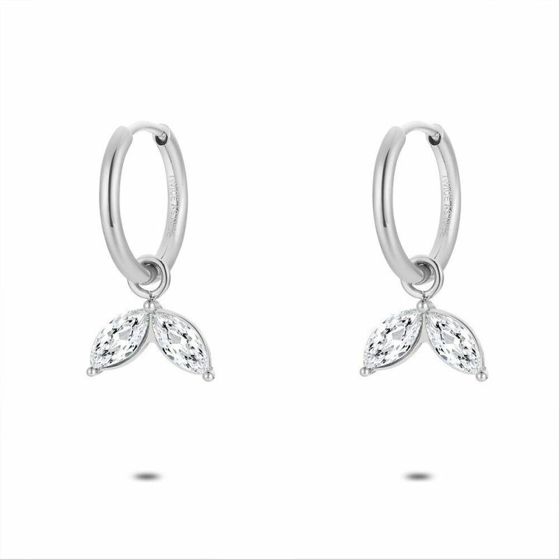 Boucles D’oreilles | Boucles D’Oreilles en Acier Poli, Anneau, 2 Pétales Blanches Blanc – Femmes Bijoux Blanc