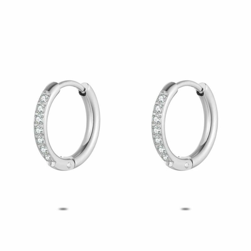 Boucles D’oreilles | Boucles D’Oreilles en Acier Poli, Anneau Avec Pierres Blanc – Femmes Bijoux Blanc