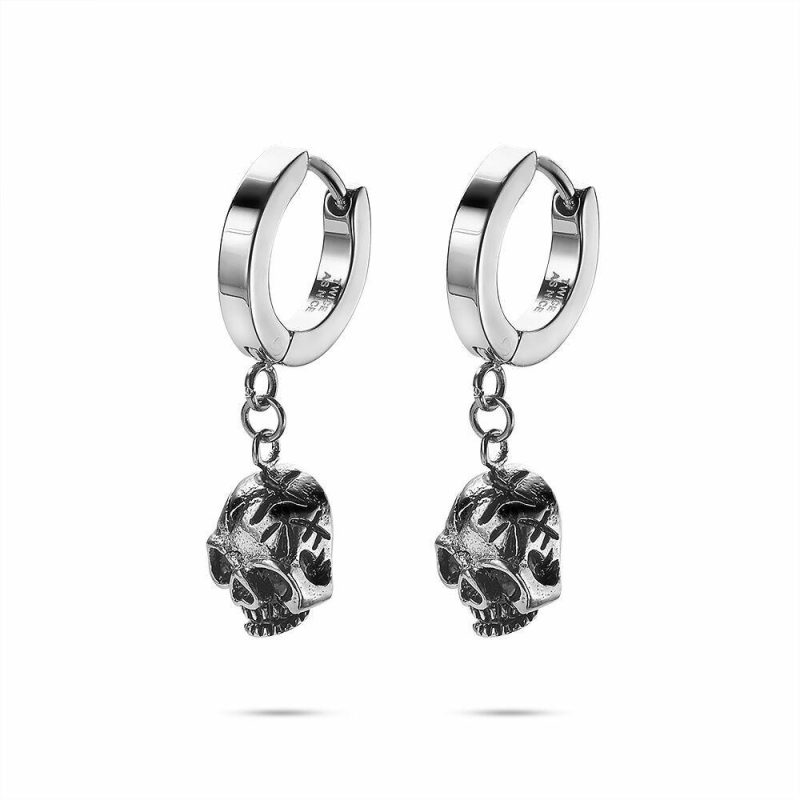 Boucles D’oreilles | Boucles D’Oreilles en Acier Poli, Anneau Avec Tête de Mort – Hommes Bijoux Boucles D'oreilles