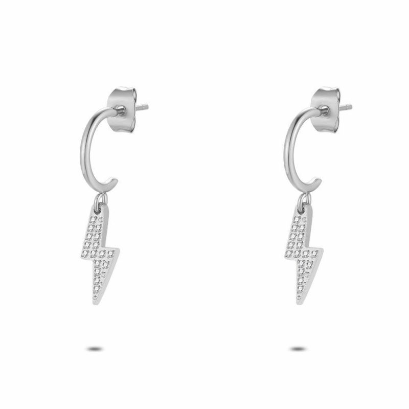 Boucles D’oreilles | Boucles D’Oreilles en Acier Poli, Anneau Ouvert, Éclair Blanc – Femmes Bijoux Blanc