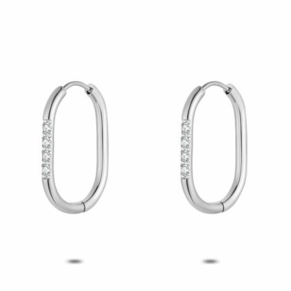 Boucles D’oreilles | Boucles D’Oreilles en Acier Poli, Anneau Ovale, Pierres Blanc – Femmes Bijoux Blanc