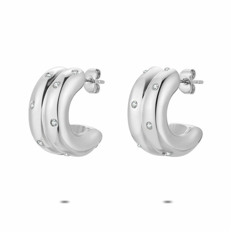 Boucles D’oreilles | Boucles D’Oreilles en Acier Poli, Anneau, Pierres Blanc – Femmes Bijoux Blanc