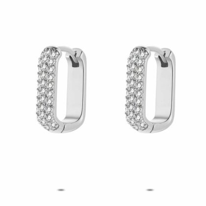 Boucles D’oreilles | Boucles D’Oreilles en Acier Poli, Anneau, Pierres Blanc – Femmes Bijoux Blanc