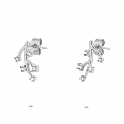 Boucles D’oreilles | Boucles D’Oreilles en Acier Poli, Branche Avec Zircones Blanc – Femmes Bijoux Blanc