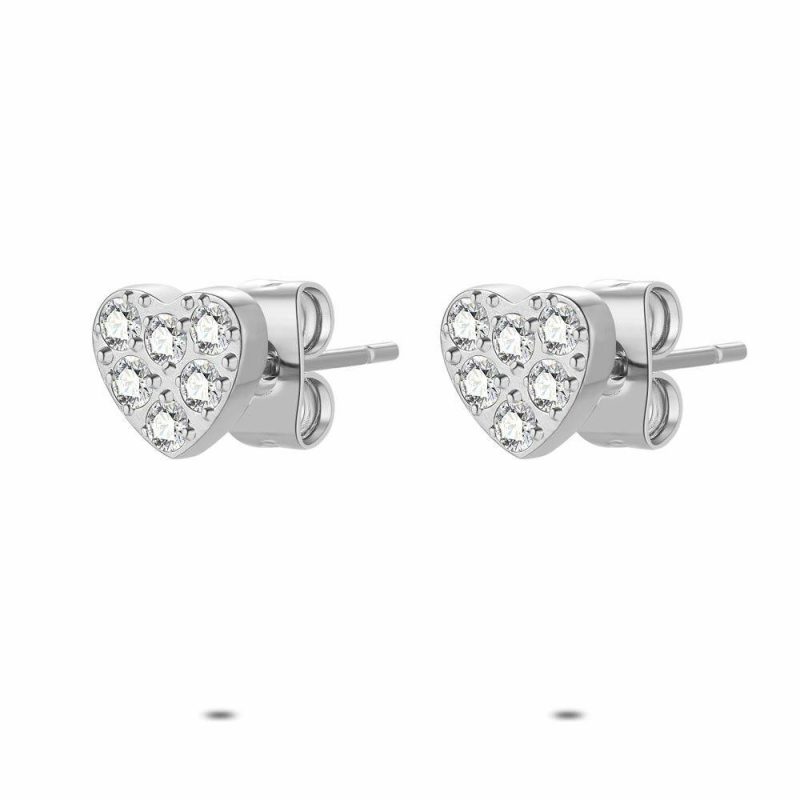 Boucles D’oreilles | Boucles D’Oreilles en Acier Poli, Coeur Blanc – Femmes Bijoux Blanc