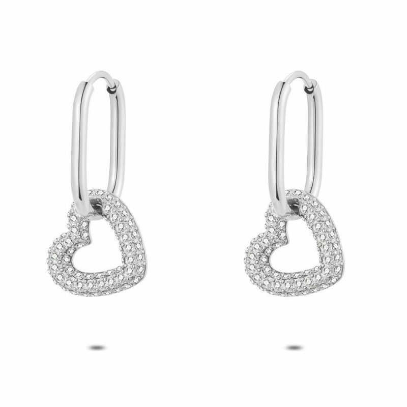 Boucles D’oreilles | Boucles D’Oreilles en Acier Poli, Coeur, Pierres Blanc – Femmes Bijoux Blanc