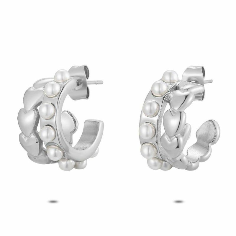 Boucles D’oreilles | Boucles D’Oreilles en Acier Poli, Coeurs et Perles Blanc – Femmes Bijoux Blanc