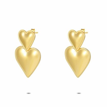 Boucles D’oreilles | Boucles D’Oreilles en Acier Poli Couleur Or, 2 Coeurs Pendants Pas de couleur – Femmes Bijoux Boucles D'oreilles