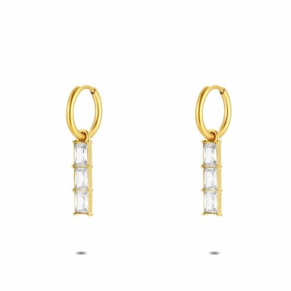 Boucles D’oreilles | Boucles D’Oreilles en Acier Poli Couleur Or, 3 Cristaux Rectangulaires Blanc – Femmes Bijoux Blanc