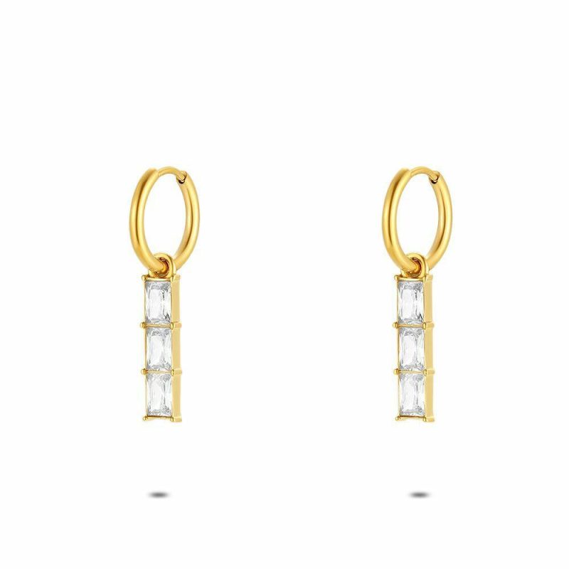 Boucles D’oreilles | Boucles D’Oreilles en Acier Poli Couleur Or, 3 Cristaux Rectangulaires Blanc – Femmes Bijoux Blanc