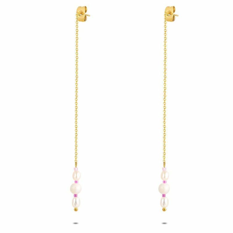 Boucles D’oreilles | Boucles D’Oreilles en Acier Poli Couleur Or, 3 Perles Blanc – Femmes Bijoux Blanc