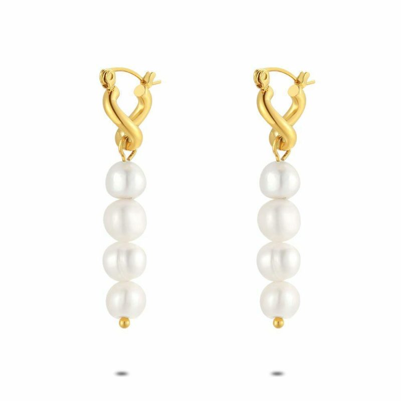 Boucles D’oreilles | Boucles D’Oreilles en Acier Poli Couleur Or, 4 Perles Blanc – Femmes Bijoux Blanc