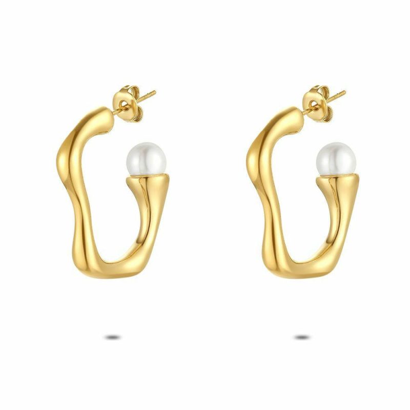 Boucles D’oreilles | Boucles D’Oreilles en Acier Poli Couleur Or, Anneau Avec Perle Blanc – Femmes Bijoux Blanc