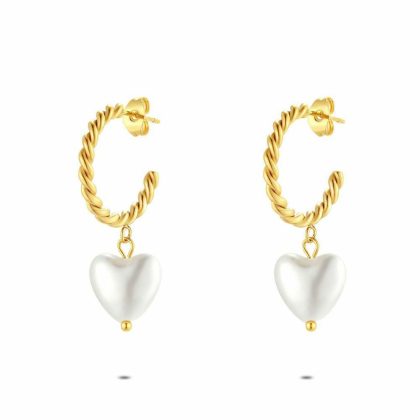 Boucles D’oreilles | Boucles D’Oreilles en Acier Poli Couleur Or, Anneau Ouvert Avec Perle Blanc – Femmes Bijoux Blanc