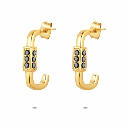 Boucles D’oreilles | Boucles D’Oreilles en Acier Poli Couleur Or, Anneau Ovale Ouvert, Cristaux Noir – Femmes Bijoux Boucles D'oreilles