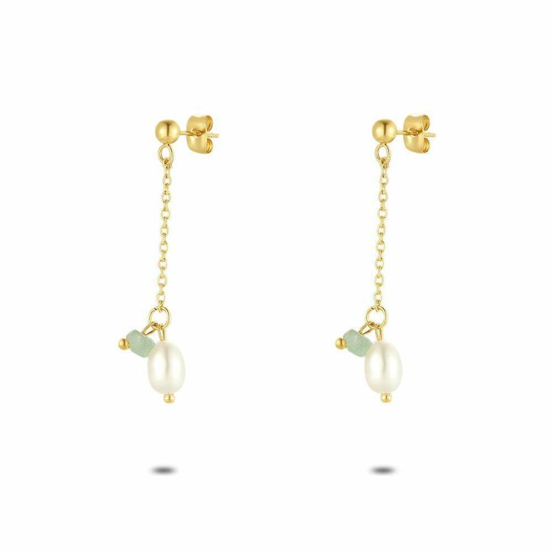 Boucles D’oreilles | Boucles D’Oreilles en Acier Poli Couleur Or, Aventurine et Perle Vert – Femmes Bijoux Boucles D'oreilles