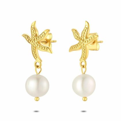 Boucles D’oreilles | Boucles D’Oreilles en Acier Poli Couleur Or, Étoile de Mer Blanc – Femmes Bijoux Blanc