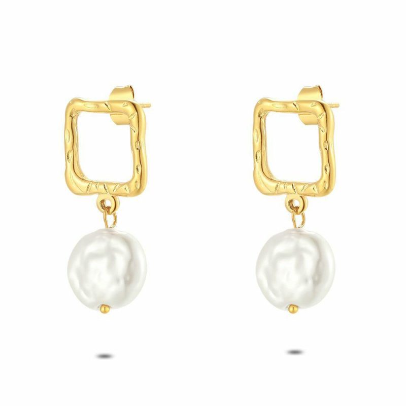 Boucles D’oreilles | Boucles D’Oreilles en Acier Poli Couleur Or, Carré Ouvert, Perle Blanc – Femmes Bijoux Blanc