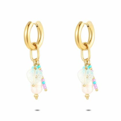 Boucles D’oreilles | Boucles D’Oreilles en Acier Poli Couleur Or, Coeur Blanc et Perle Multi – Femmes Bijoux Boucles D'oreilles