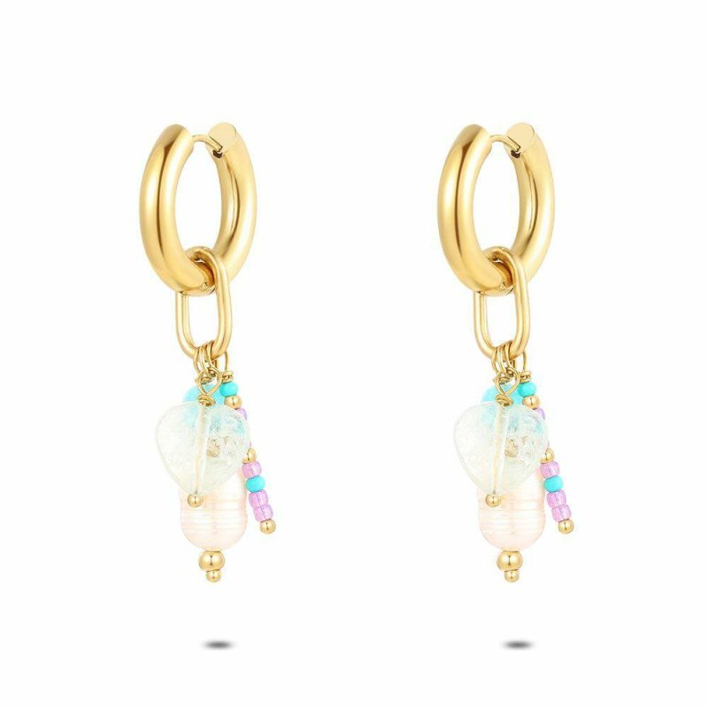 Boucles D’oreilles | Boucles D’Oreilles en Acier Poli Couleur Or, Coeur Blanc et Perle Multi – Femmes Bijoux Boucles D'oreilles