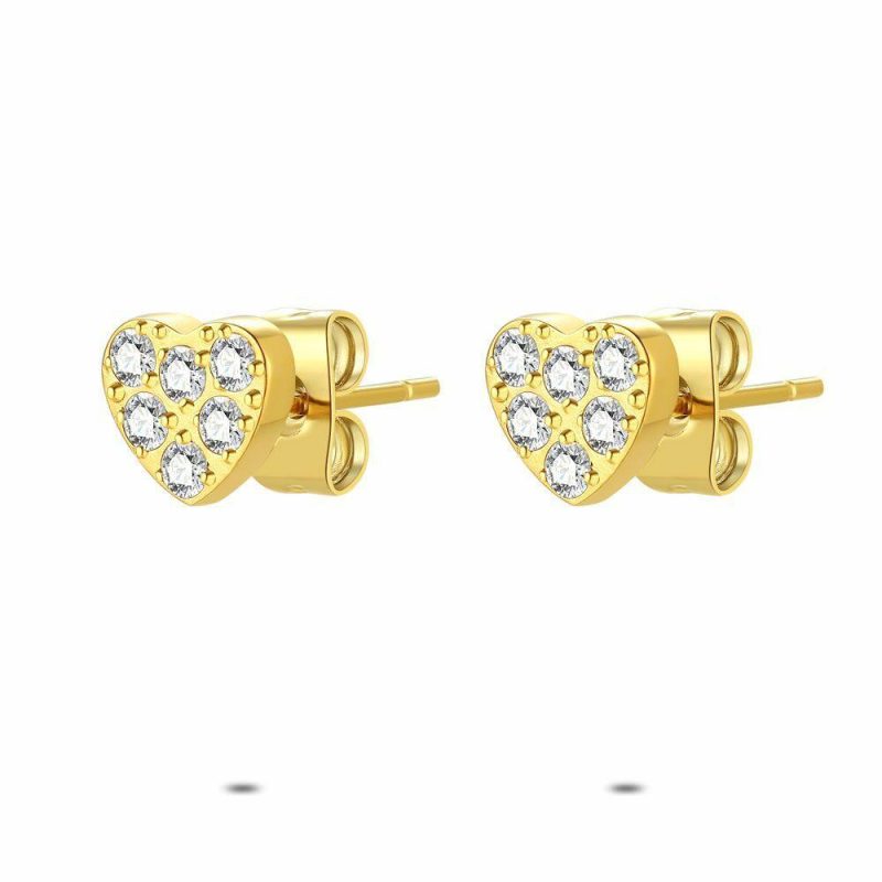 Boucles D’oreilles | Boucles D’Oreilles en Acier Poli Couleur Or, Coeur Blanc – Femmes Bijoux Blanc