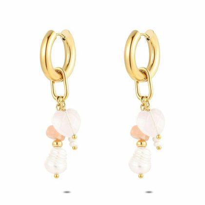 Boucles D’oreilles | Boucles D’Oreilles en Acier Poli Couleur Or, Coeur Rose et Perle Rose – Femmes Bijoux Boucles D'oreilles