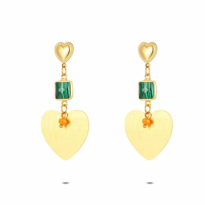 Boucles D’oreilles | Boucles D’Oreilles en Acier Poli Couleur Or, Coeurs Vert – Femmes Bijoux Boucles D'oreilles