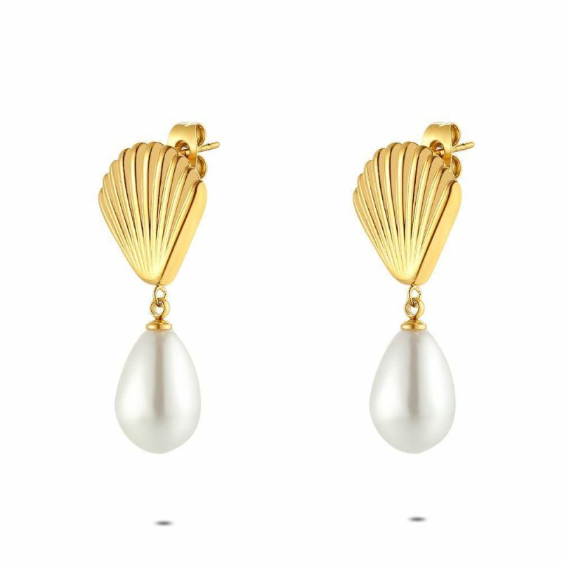 Boucles D’oreilles | Boucles D’Oreilles en Acier Poli Couleur Or, Coquille Blanc – Femmes Bijoux Blanc