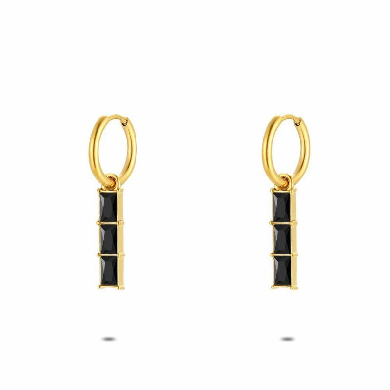 Boucles D’oreilles | Boucles D’Oreilles en Acier Poli Couleur Or, Cristaux Noirs Noir – Femmes Bijoux Boucles D'oreilles