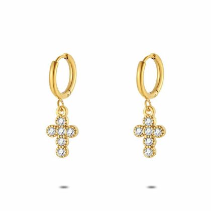 Boucles D’oreilles | Boucles D’Oreilles en Acier Poli Couleur Or, Croix, Cristaux Blanc – Femmes Bijoux Blanc