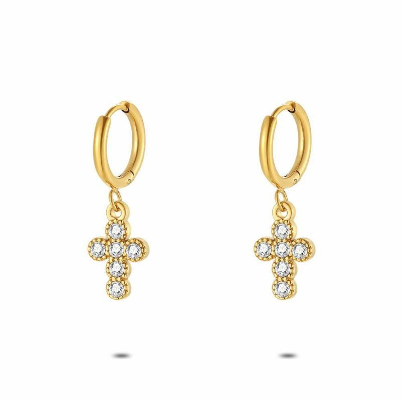 Boucles D’oreilles | Boucles D’Oreilles en Acier Poli Couleur Or, Croix, Cristaux Blanc – Femmes Bijoux Blanc