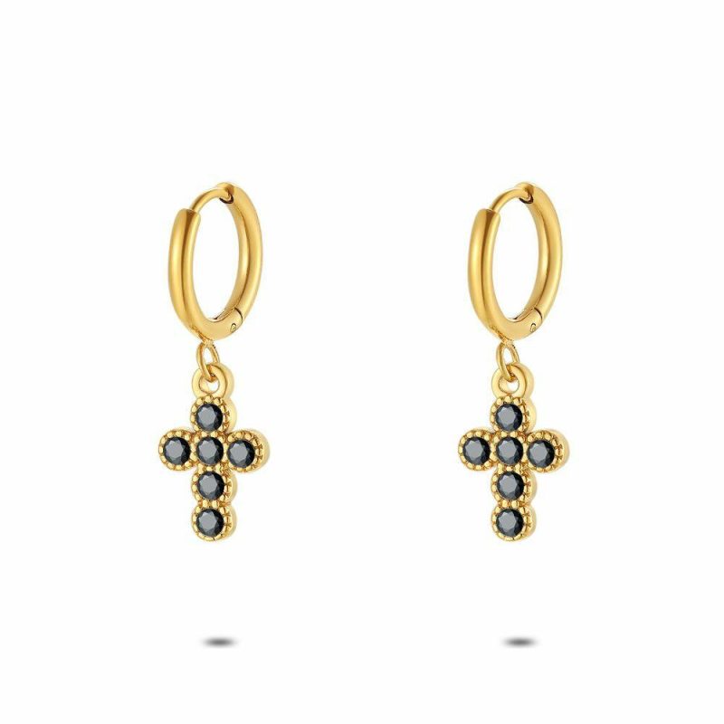 Boucles D’oreilles | Boucles D’Oreilles en Acier Poli Couleur Or, Croix, Cristaux Noirs Noir – Femmes Bijoux Boucles D'oreilles