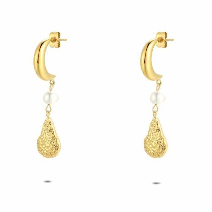 Boucles D’oreilles | Boucles D’Oreilles en Acier Poli Couleur Or, Demi Anneau, Goutte Blanc – Femmes Bijoux Blanc