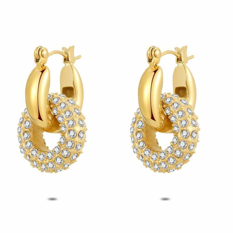 Boucles D’oreilles | Boucles D’Oreilles en Acier Poli Couleur Or, Donut, Pierres Blanc – Femmes Bijoux Blanc