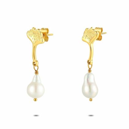 Boucles D’oreilles | Boucles D’Oreilles en Acier Poli Couleur Or, Feuille Gingko Blanc – Femmes Bijoux Blanc