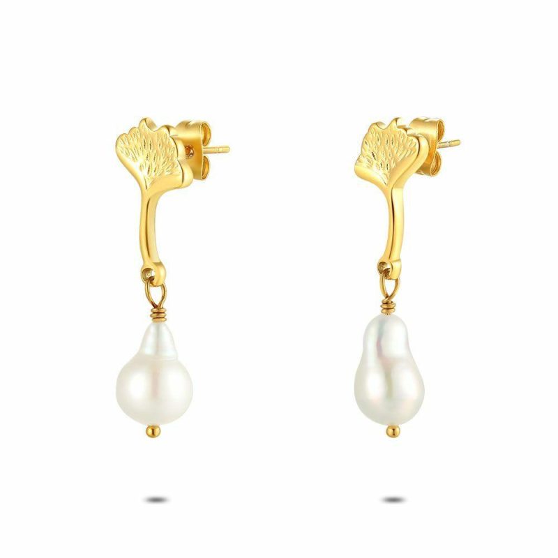 Boucles D’oreilles | Boucles D’Oreilles en Acier Poli Couleur Or, Feuille Gingko Blanc – Femmes Bijoux Blanc