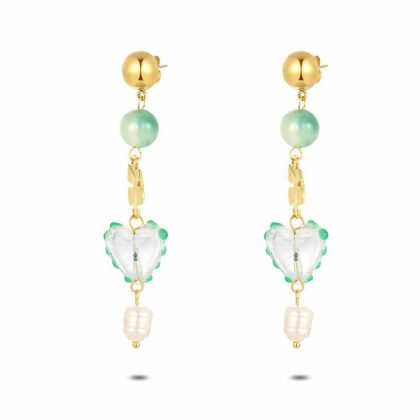 Boucles D’oreilles | Boucles D’Oreilles en Acier Poli Couleur Or, Fleur et Coeur Turquoise – Femmes Bijoux Boucles D'oreilles