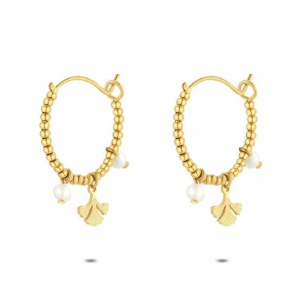 Boucles D’oreilles | Boucles D’Oreilles en Acier Poli Couleur Or, Gingko et Perles Blanc – Femmes Bijoux Blanc