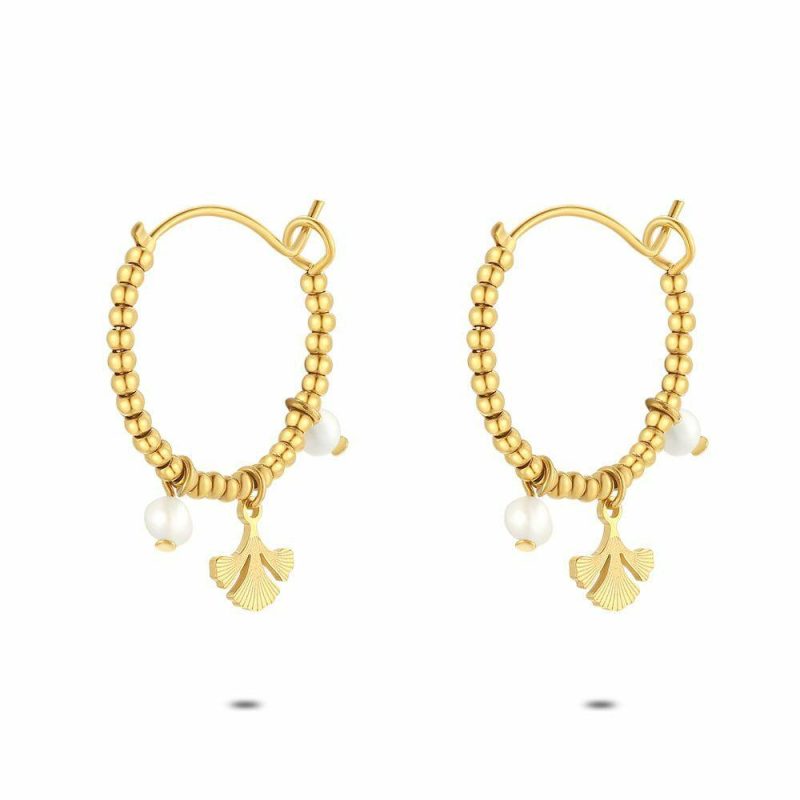 Boucles D’oreilles | Boucles D’Oreilles en Acier Poli Couleur Or, Gingko et Perles Blanc – Femmes Bijoux Blanc