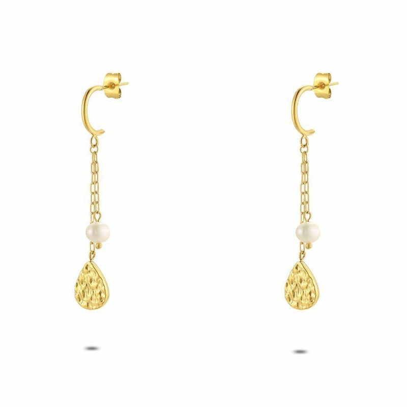 Boucles D’oreilles | Boucles D’Oreilles en Acier Poli Couleur Or, Goutte et Perle Blanc – Femmes Bijoux Blanc