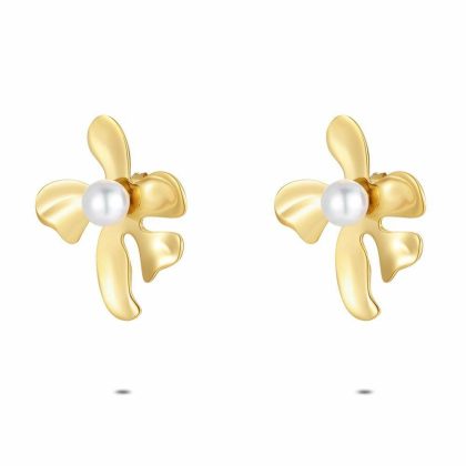 Boucles D’oreilles | Boucles D’Oreilles en Acier Poli Couleur Or, Grande Fleur Avec Perle Blanc – Femmes Bijoux Blanc